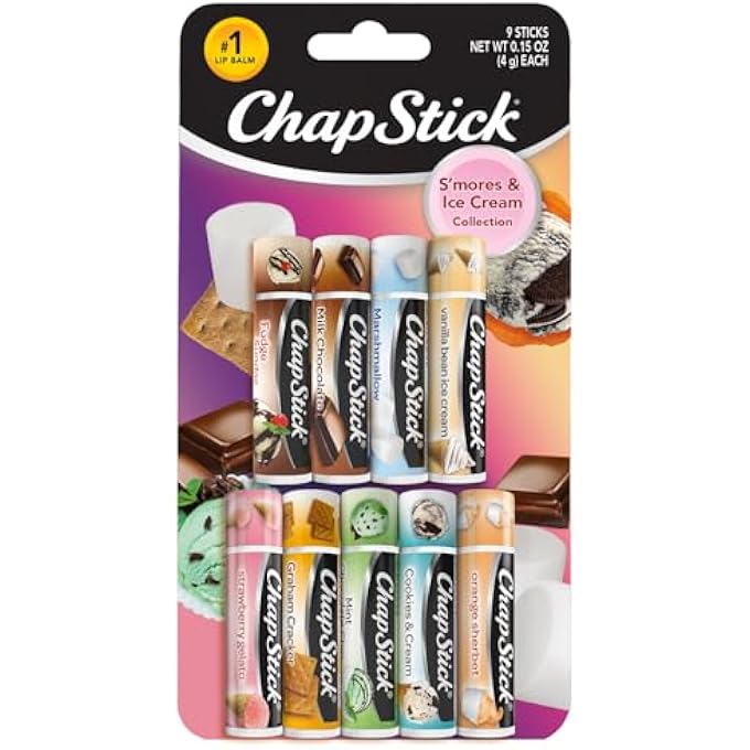 chapstick LIP BALM, ICE CREAM COLLECTION 3-PACK, ICE CREAM CLASSICS 3-PACK + SMORES COLLECTION  FUN & FLAVORFUL LIP CARE, BIRTHDAY GIFT, PARTY FAVORS, STOCKING STUFFERS, 0.15 OZ EA - Image 1